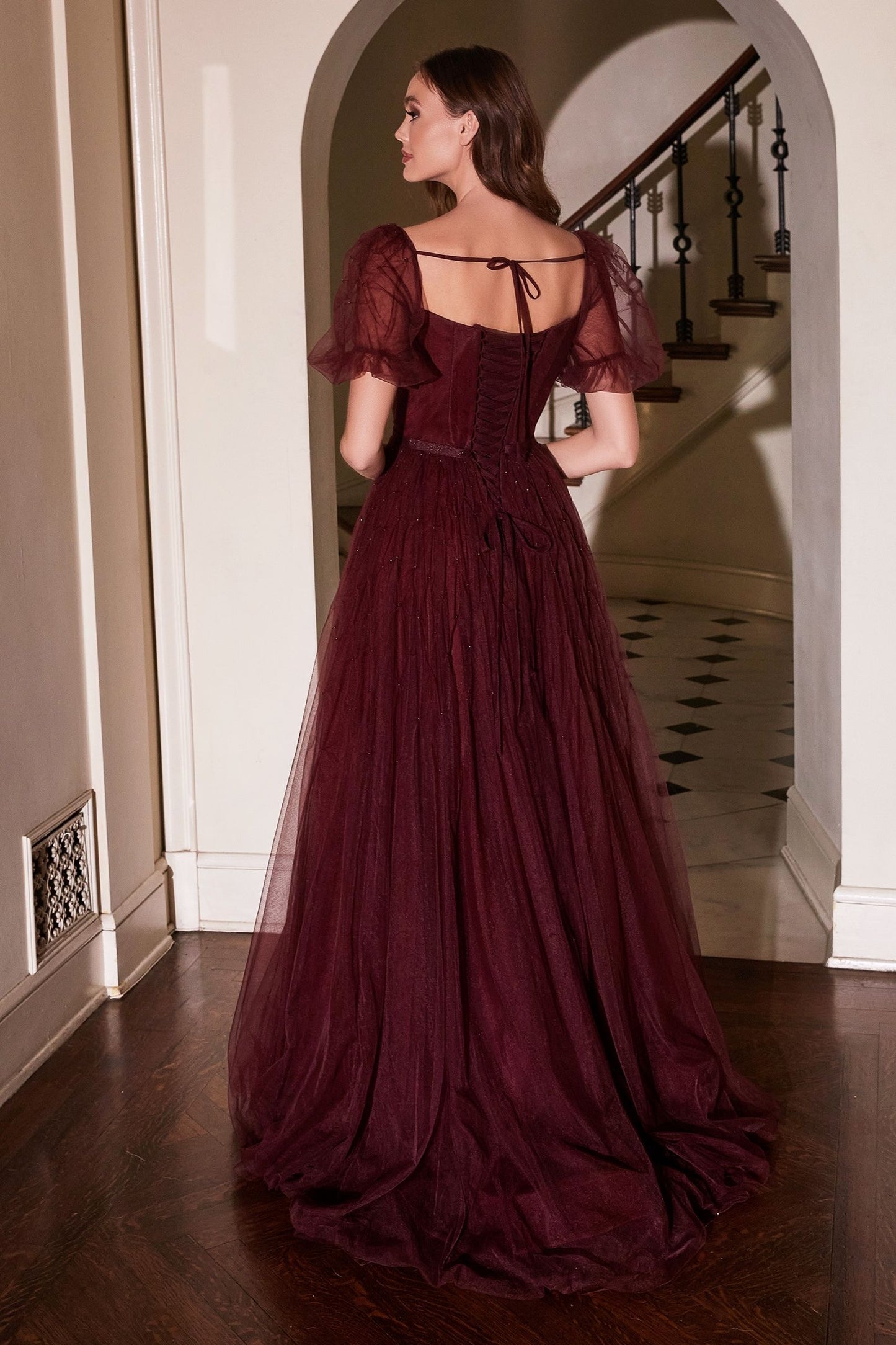 Maroon Puff Sleeve Ball Gown