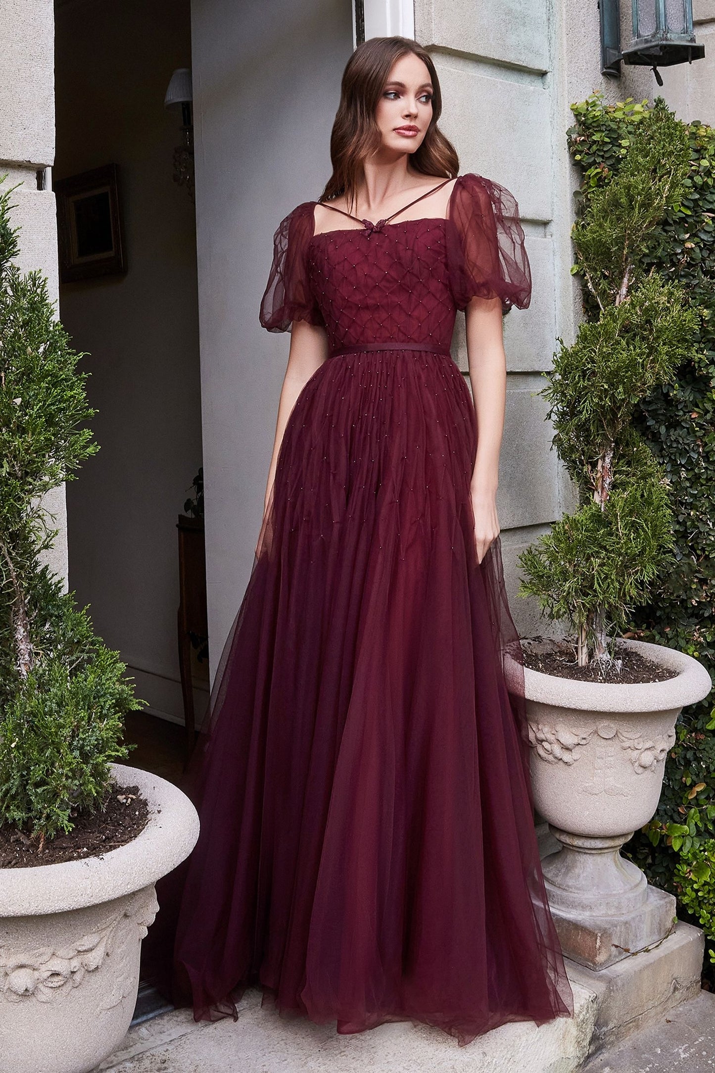 Maroon Puff Sleeve Ball Gown