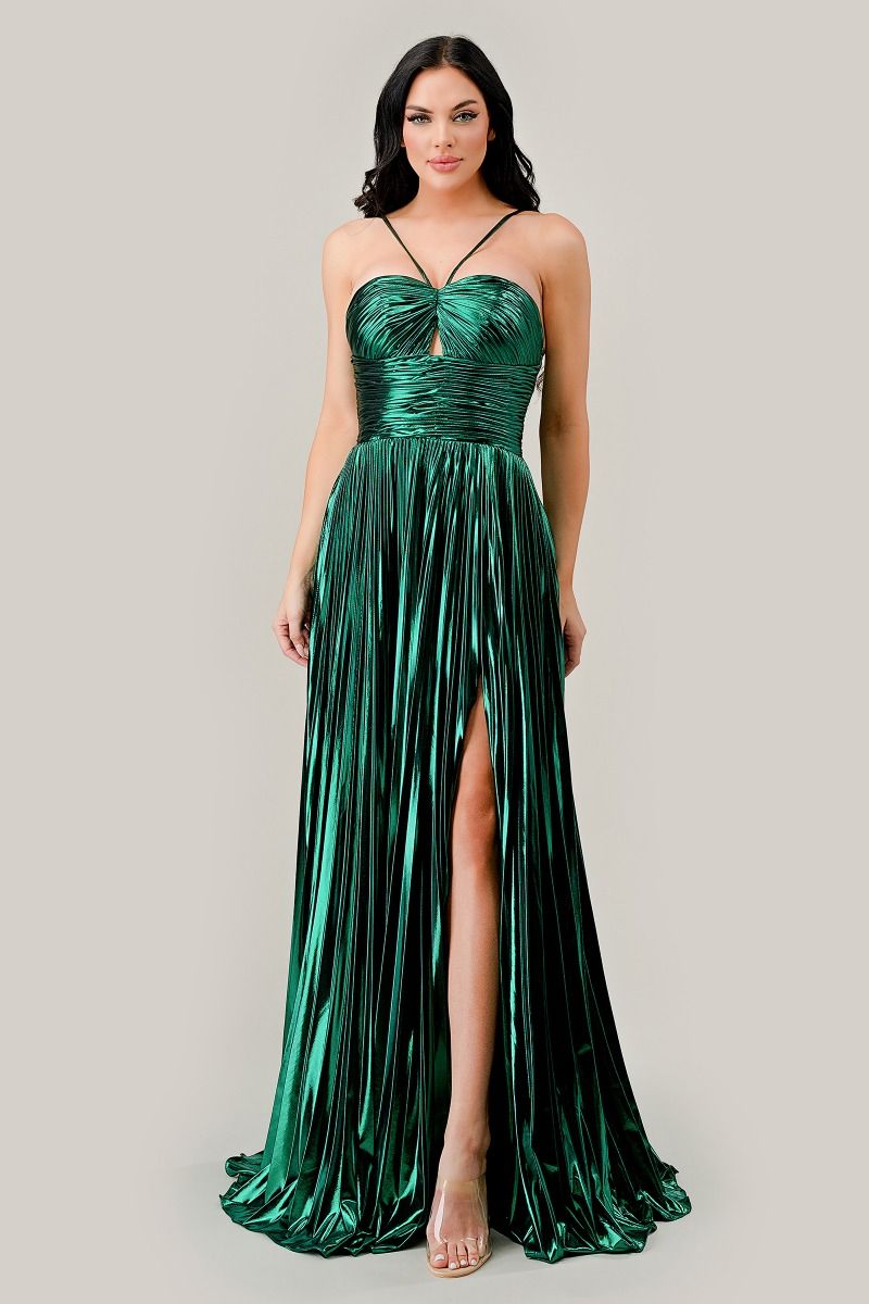 Halter Pleated Lame' Metallic A-Line Gown