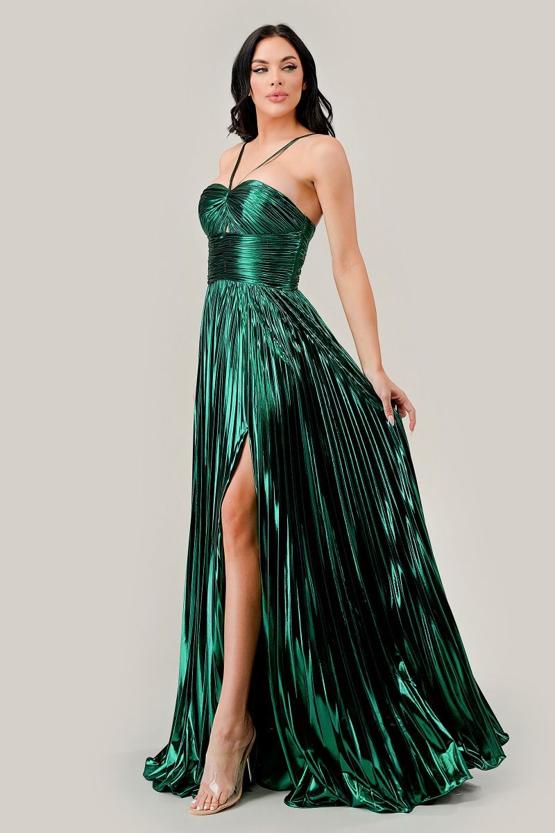 Halter Pleated Lame' Metallic A-Line Gown