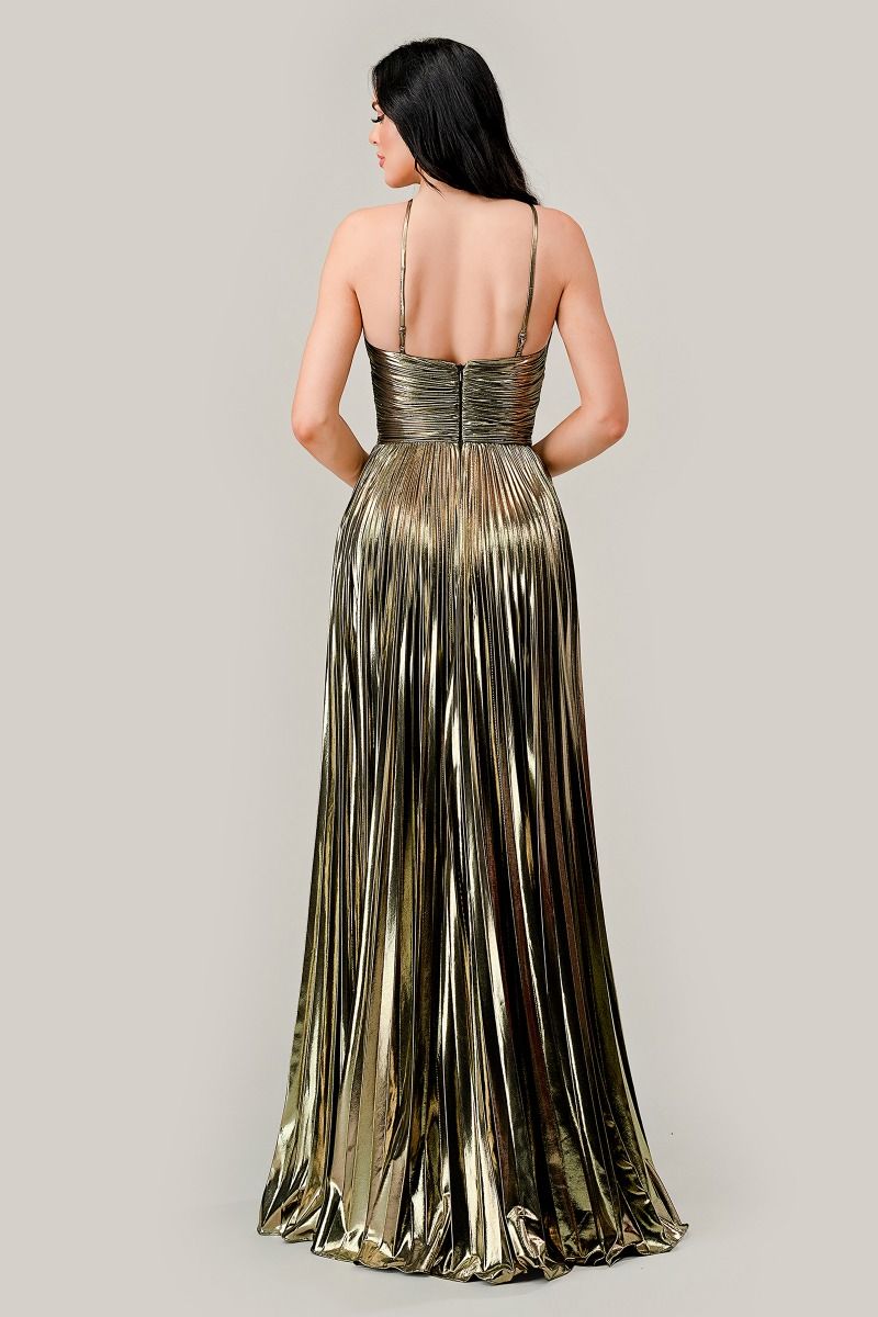 Halter Pleated Lame' Metallic A-Line Gown