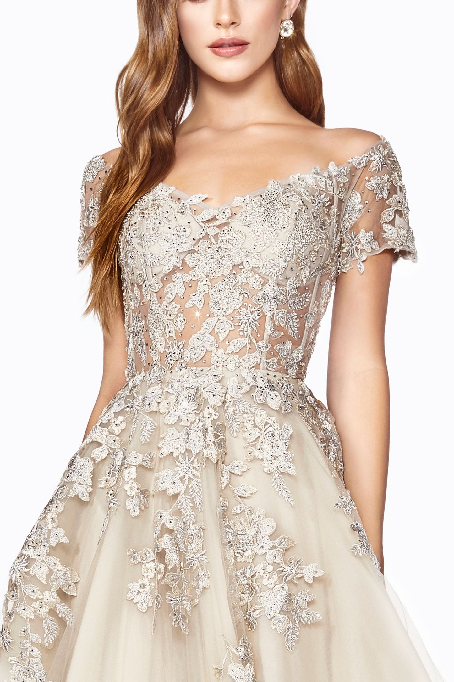 A-Line Dress With Embellished Lace Applique And Corset Lace Up Back.