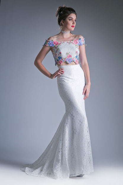 Two piece off the shoulder fitted dress with embroidered floral appliques and lace detailed skirt.