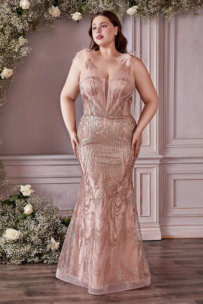 Fitted Glitter And Feather Gown