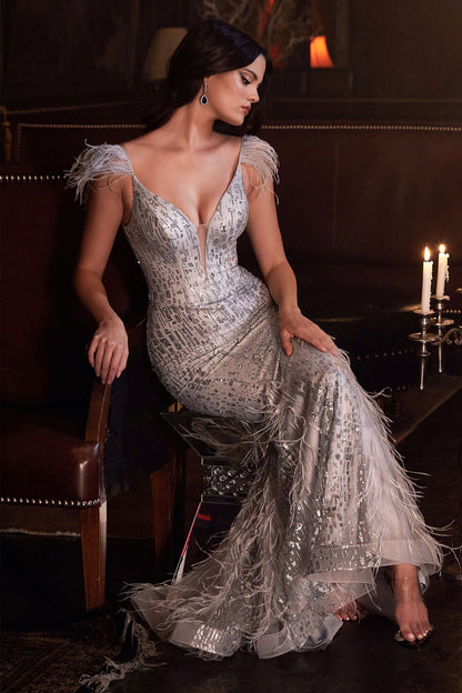 Fitted Glitter Mermaid Gown With Feathers