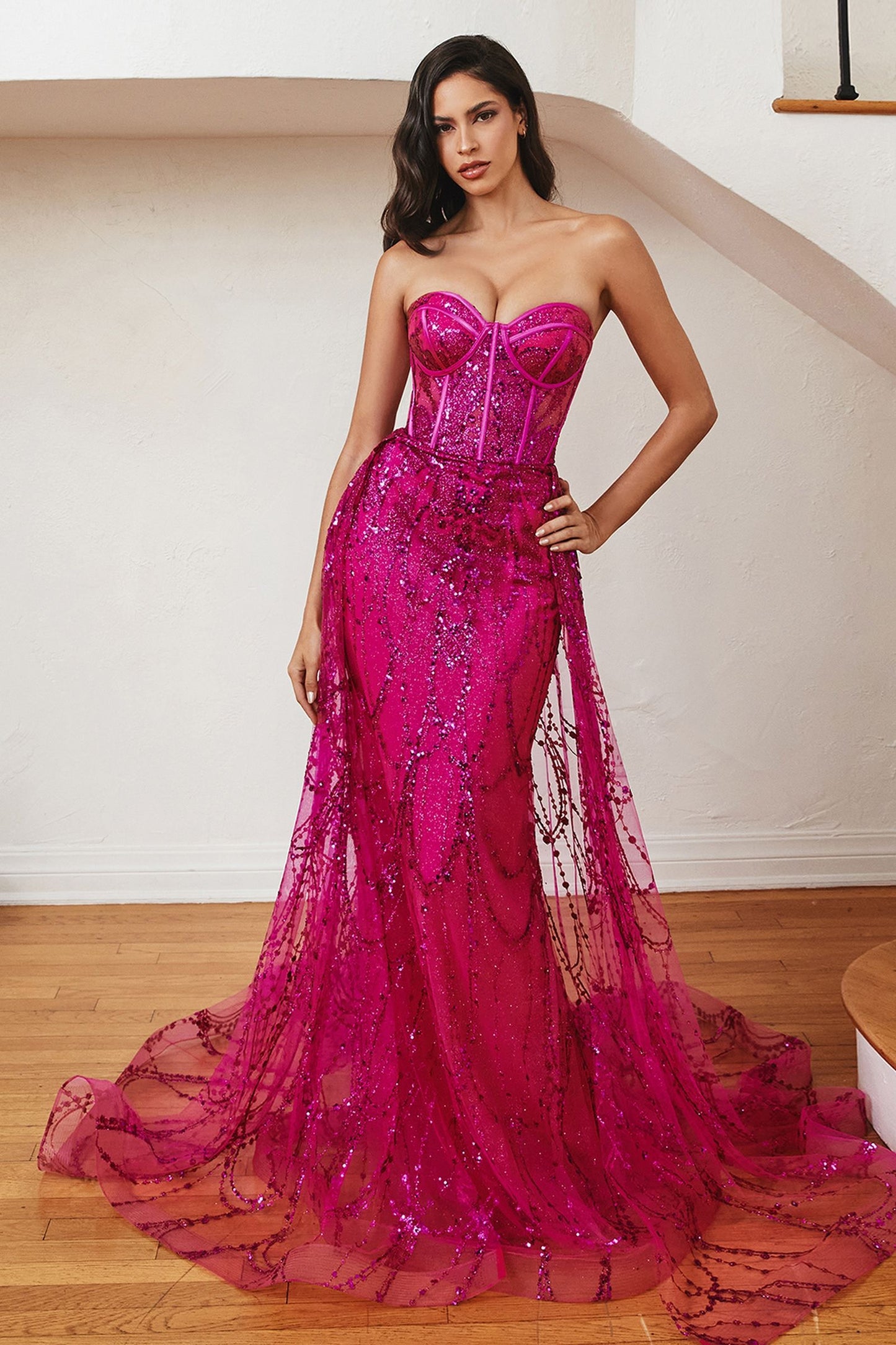 Strapless Lace Fitted Gown With Over Skirt