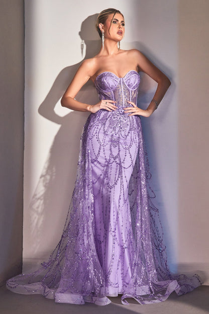 Strapless Lace Fitted Gown With Over Skirt