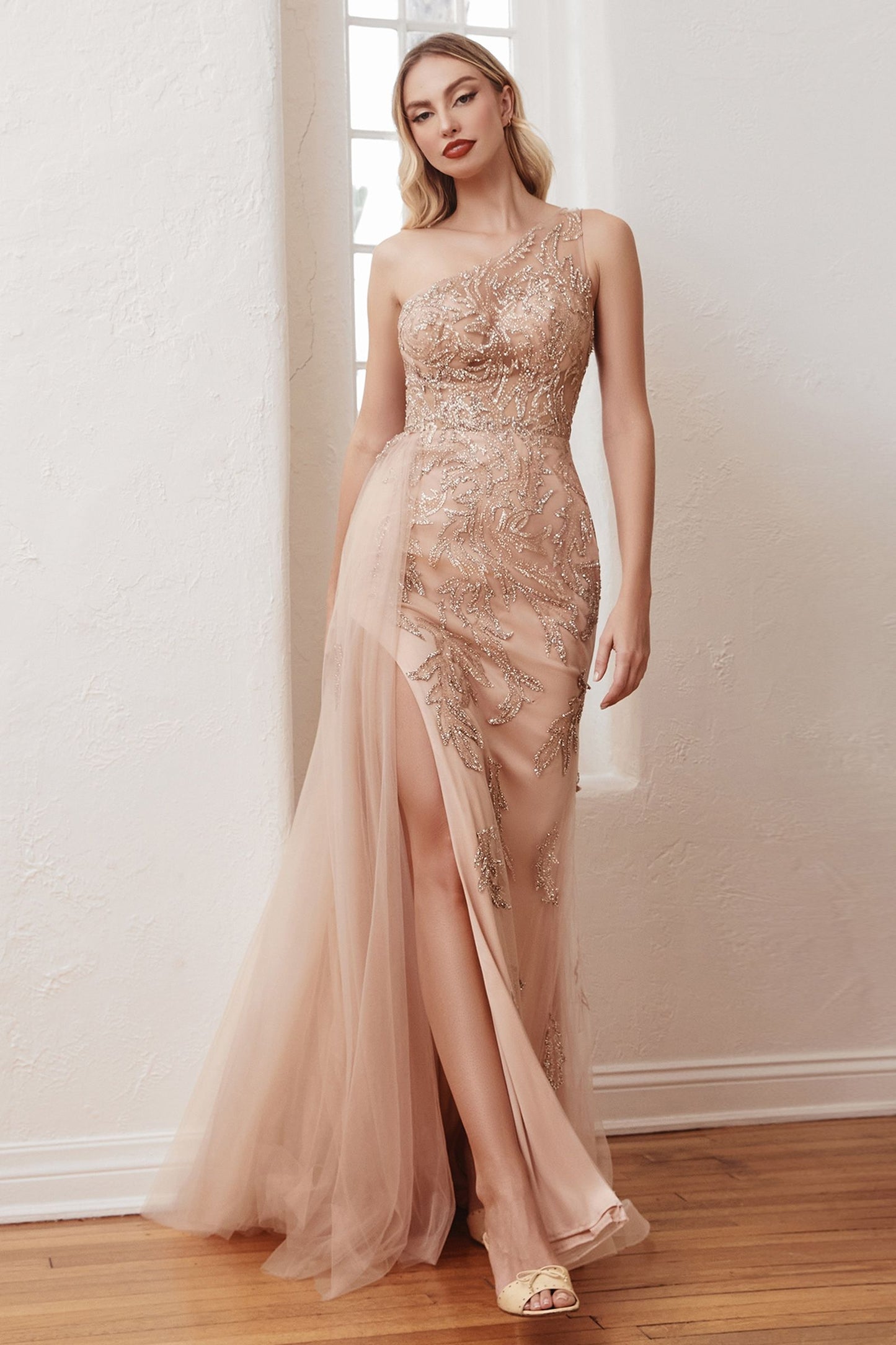 One Shoulder Embellished Gown With Tulle Overskirt