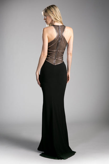 Fitted stretch jersey gown with beaded illusion details and sweetheart neckline.