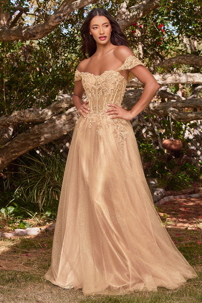 Lace A-Line Gown With Off The Shoulder Sleeves