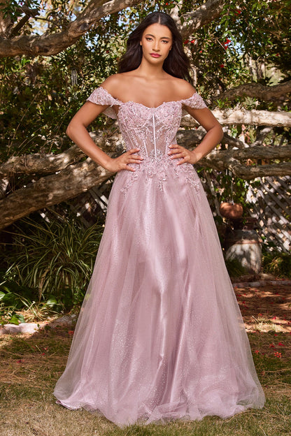 Lace A-Line Gown With Off The Shoulder Sleeves