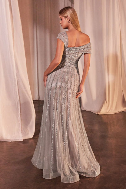 Asymmetrical Off The Shoulder A-Line Beaded Gown