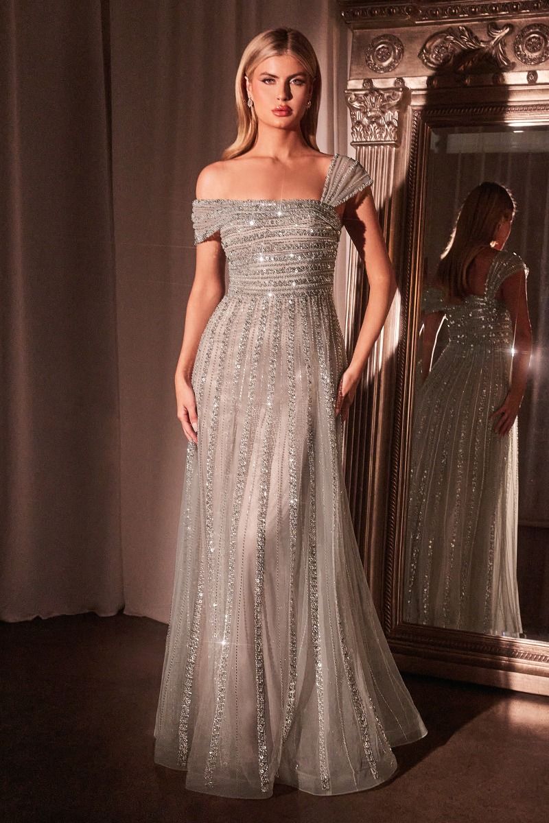 Asymmetrical Off The Shoulder A-Line Beaded Gown