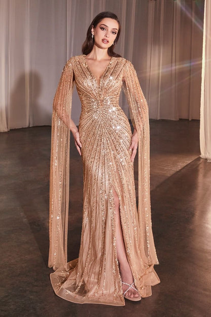 Long Sleeve Fully Beaded Sheath Gown