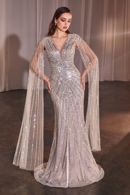 Long Sleeve Fully Beaded Sheath Gown