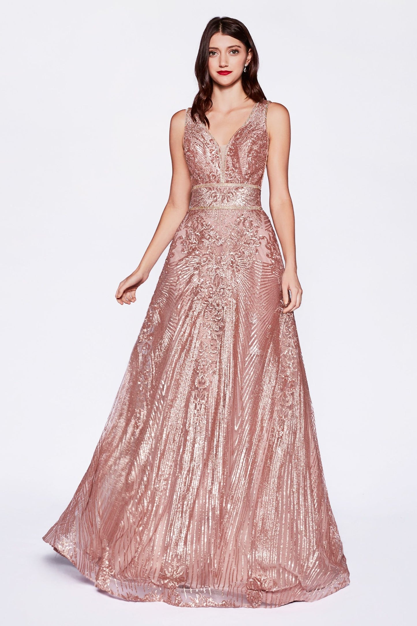 A-Line Gown With Sequin Geometric Pattern And Open Back.