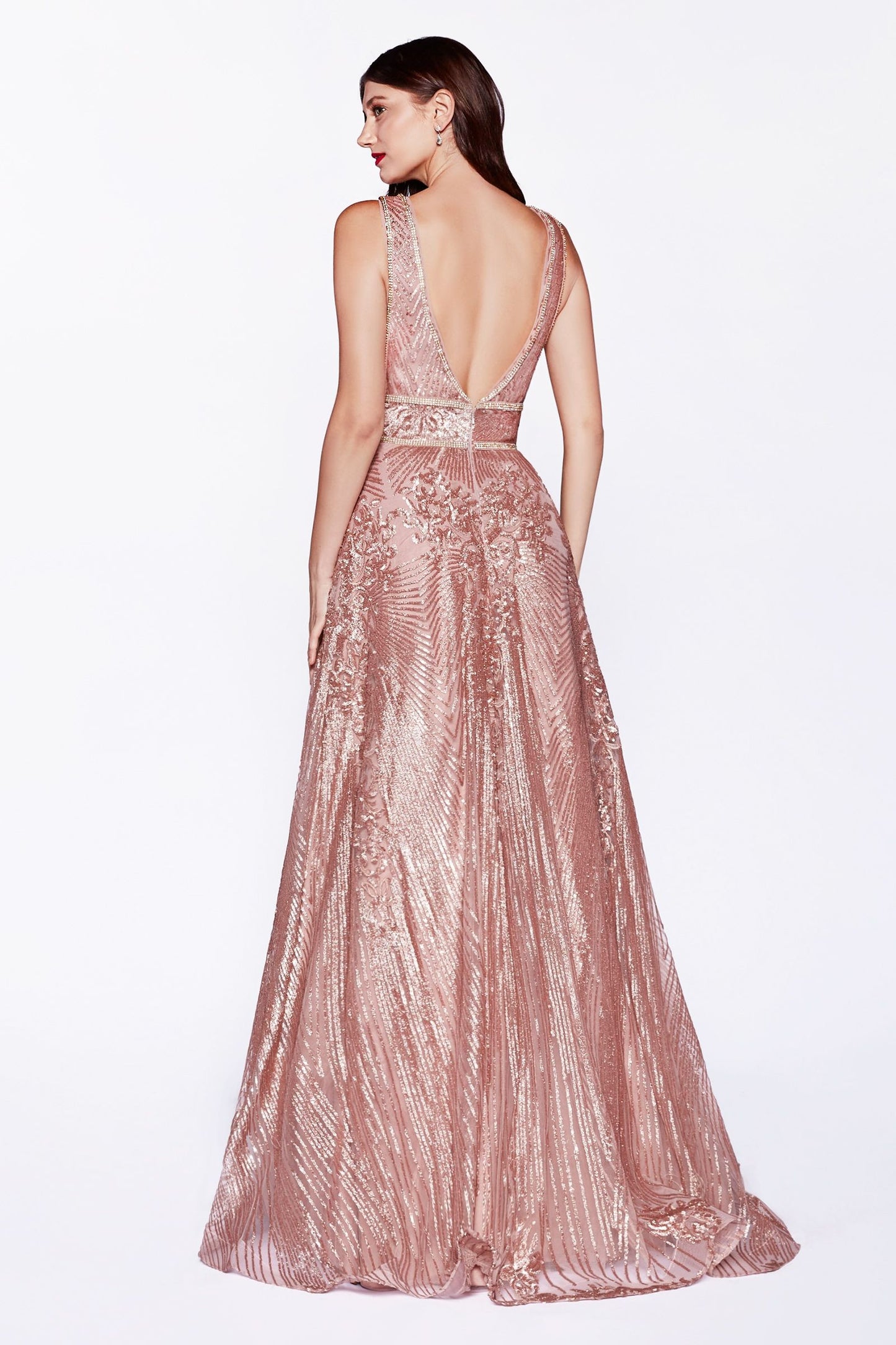 A-Line Gown With Sequin Geometric Pattern And Open Back.