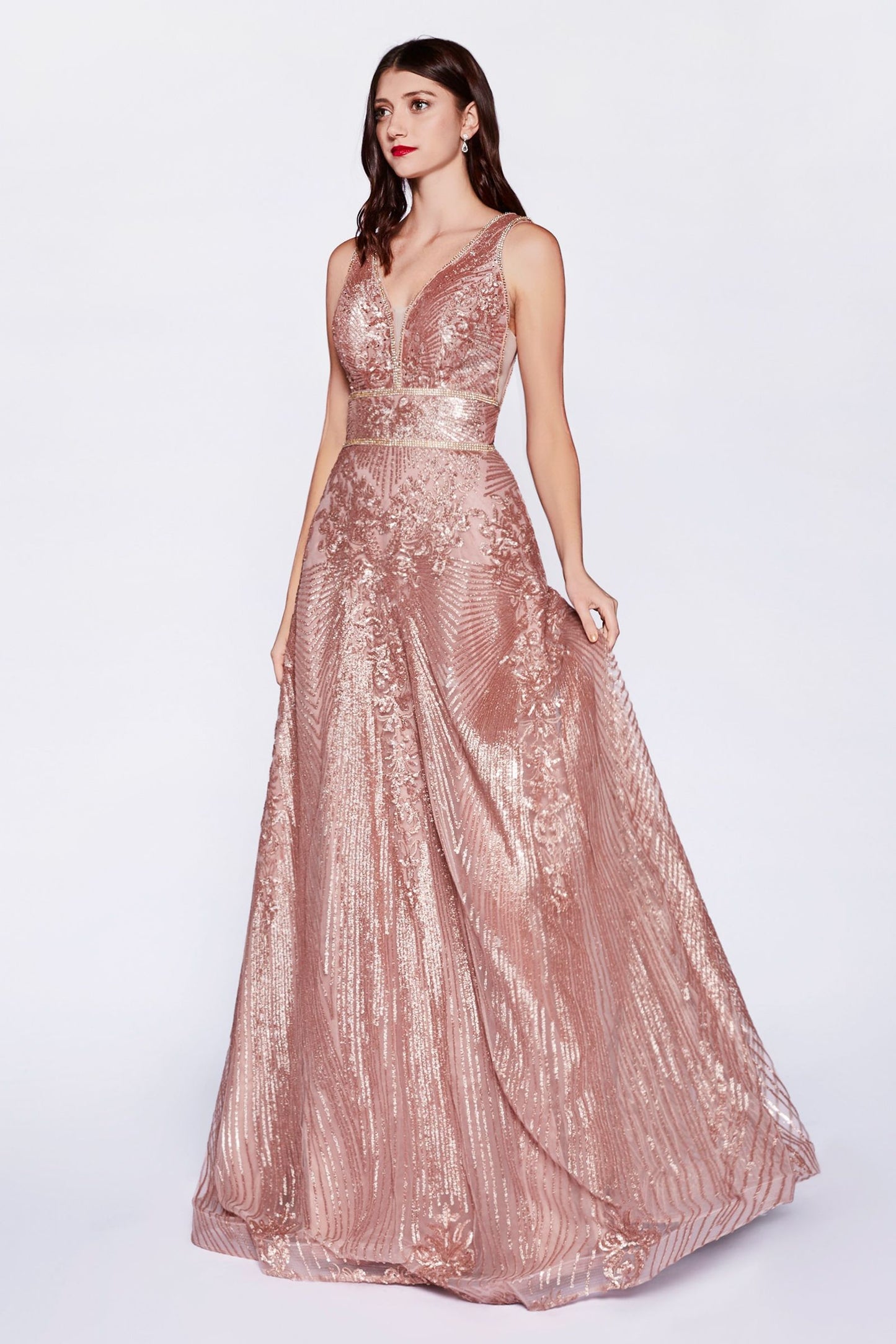 A-Line Gown With Sequin Geometric Pattern And Open Back.