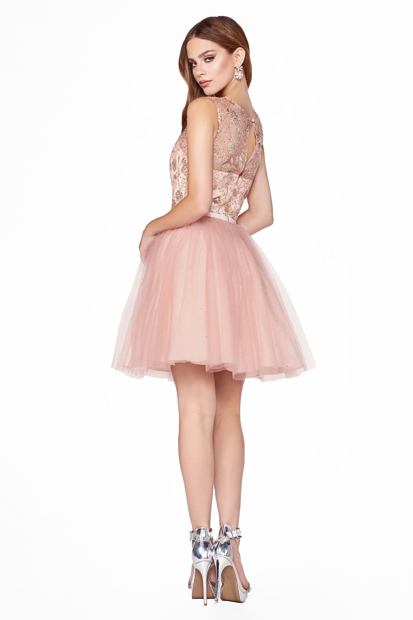 A-Line Tulle Short Dress With Glitter Detail And Illusion Neckline.