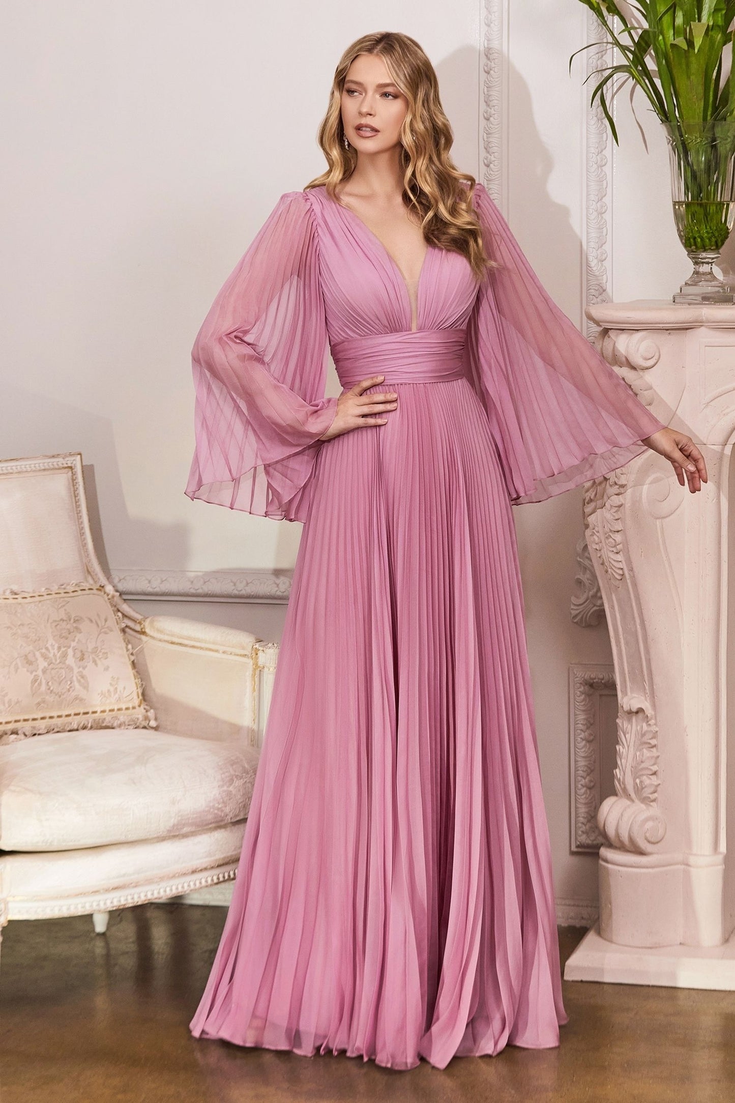 Pleated Chiffon Long Sleeve Gown