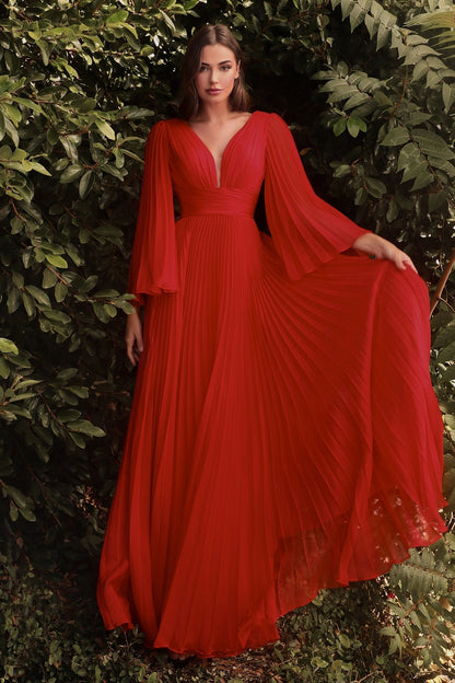 Pleated Chiffon Long Sleeve Gown