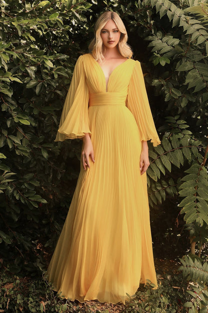 Pleated Chiffon Long Sleeve Gown