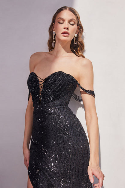 Strapless Sequin Dress With Beaded Draped Shoulders