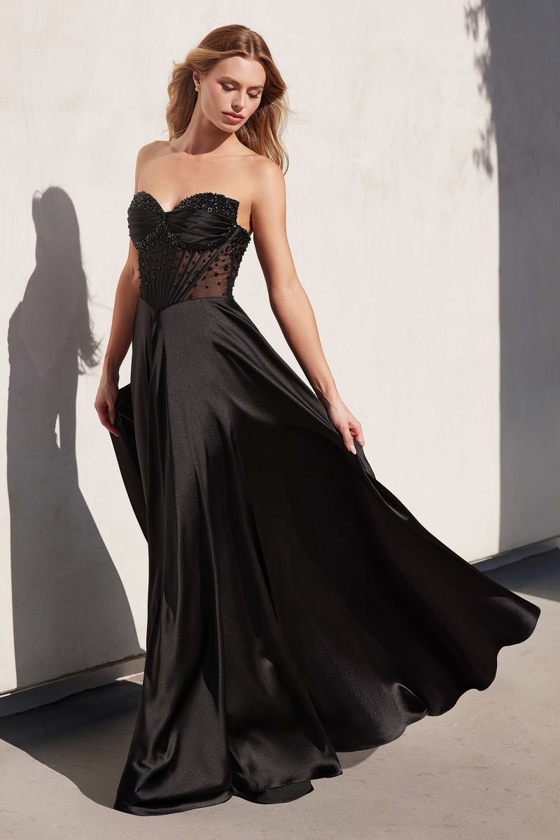 Strapless Beaded Satin A-Line Dress