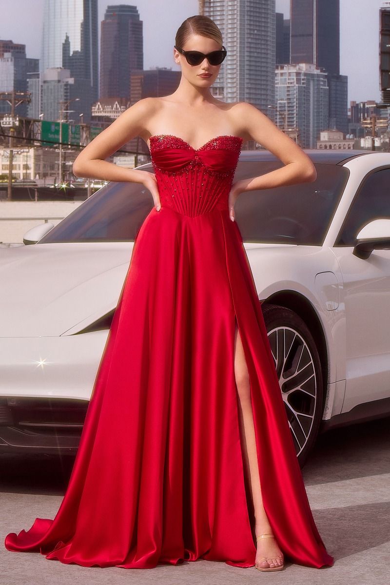 Strapless Beaded Satin A-Line Dress