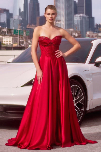 Strapless Beaded Satin A-Line Dress