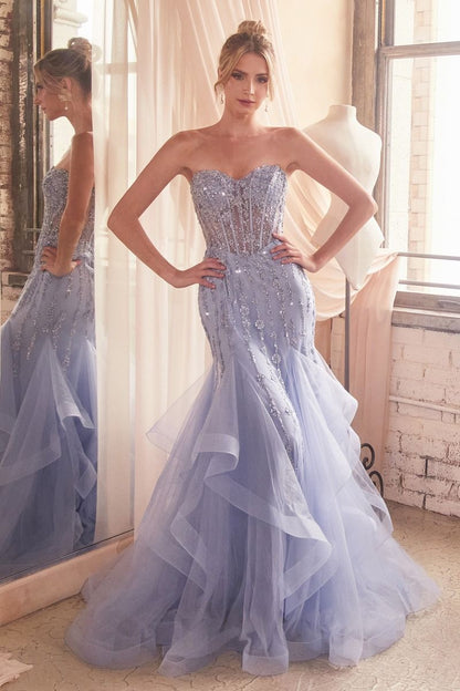 Tiered Mermaid Gown With Embellishments