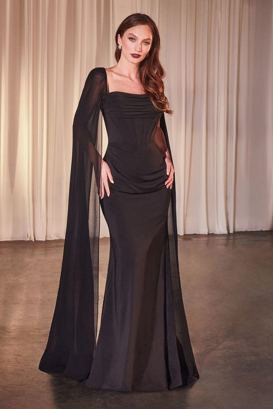 Chiffon Fitted Dress With Long Cape Sleeves