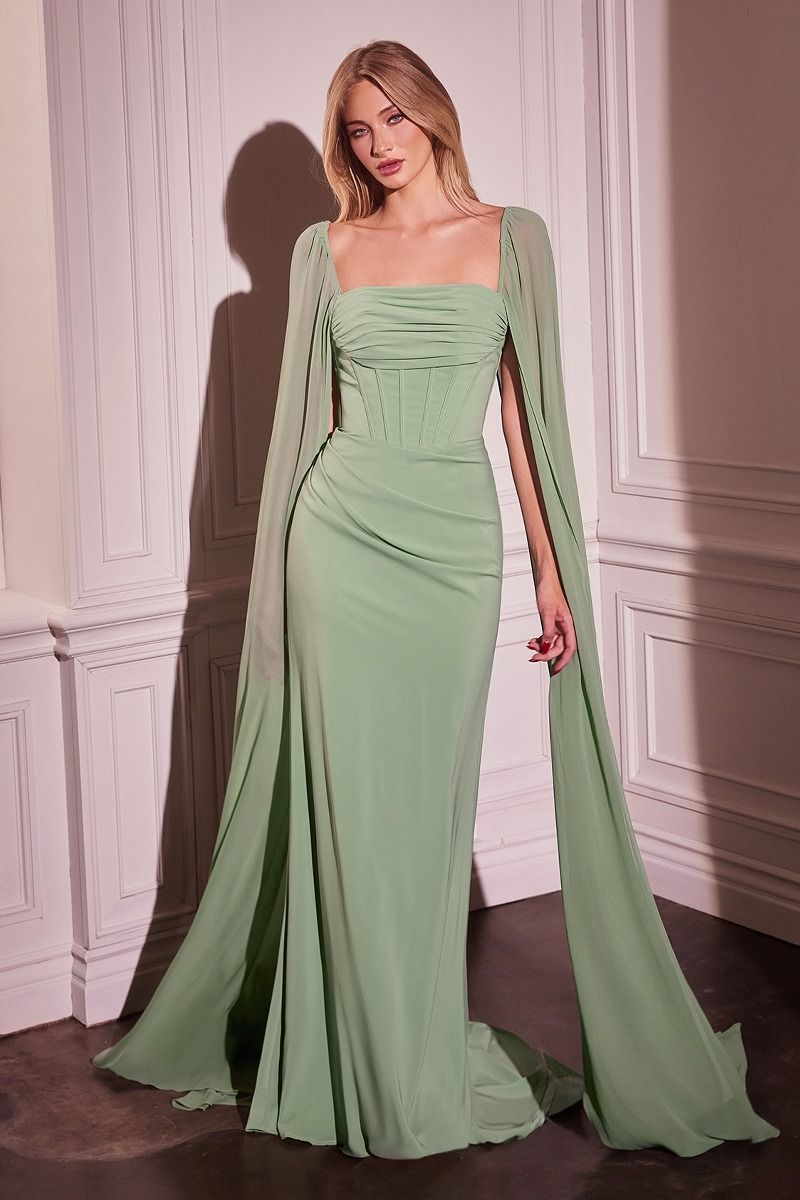 Chiffon Fitted Dress With Long Cape Sleeves