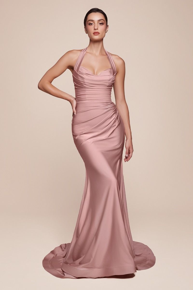 Stetch Satin Halter Fitted Dress