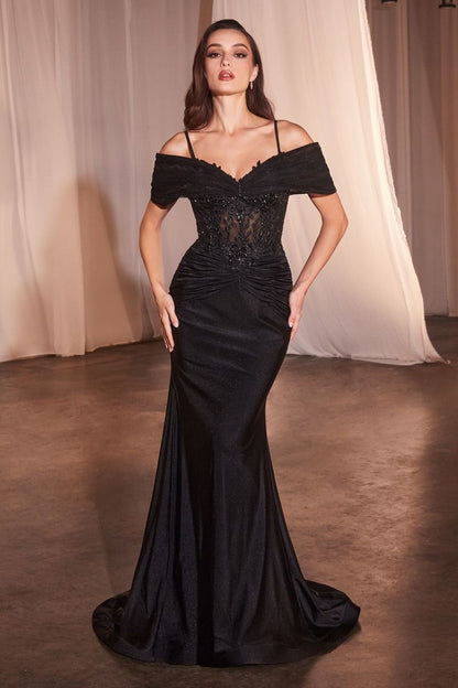 Fitted Satin & Lace Gown With Off The Shoulder Accessory