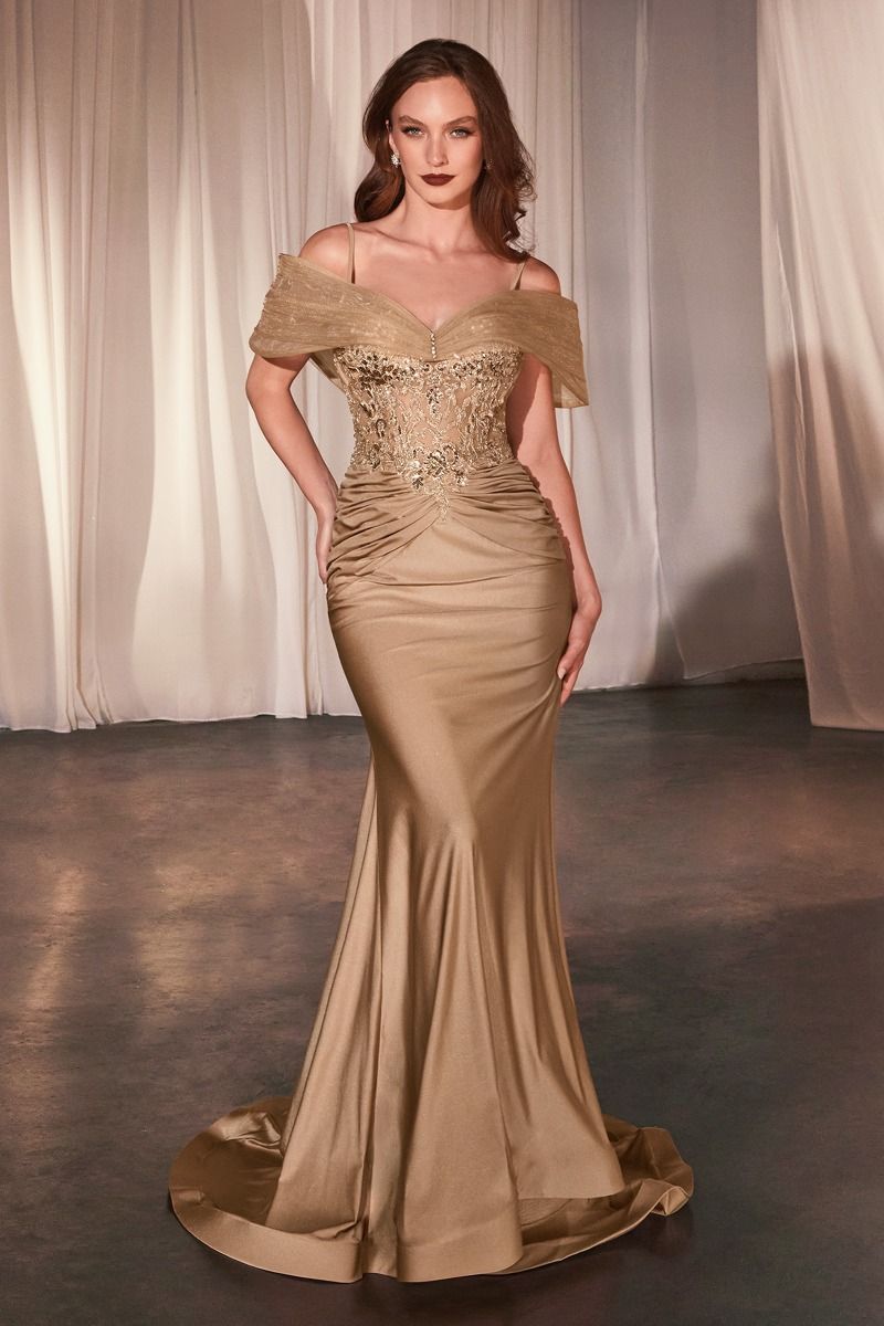 Fitted Satin & Lace Gown With Off The Shoulder Accessory