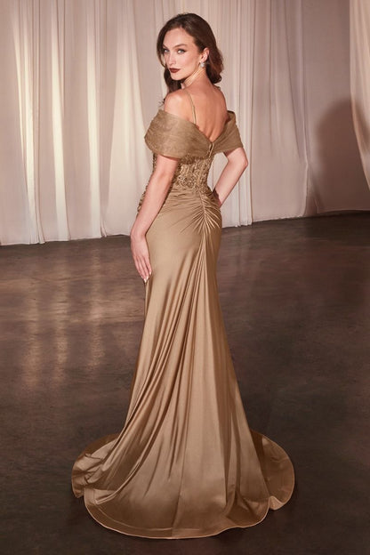 Fitted Satin & Lace Gown With Off The Shoulder Accessory