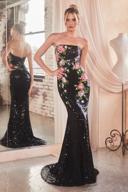 Strapless Floral Patterned Sequin Dress