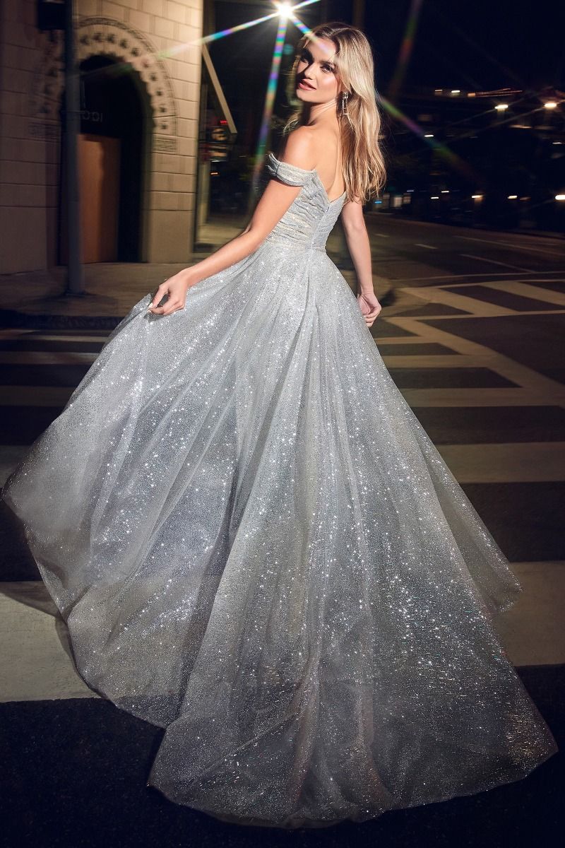 Off The Shoulder Fitted Glitter Gown