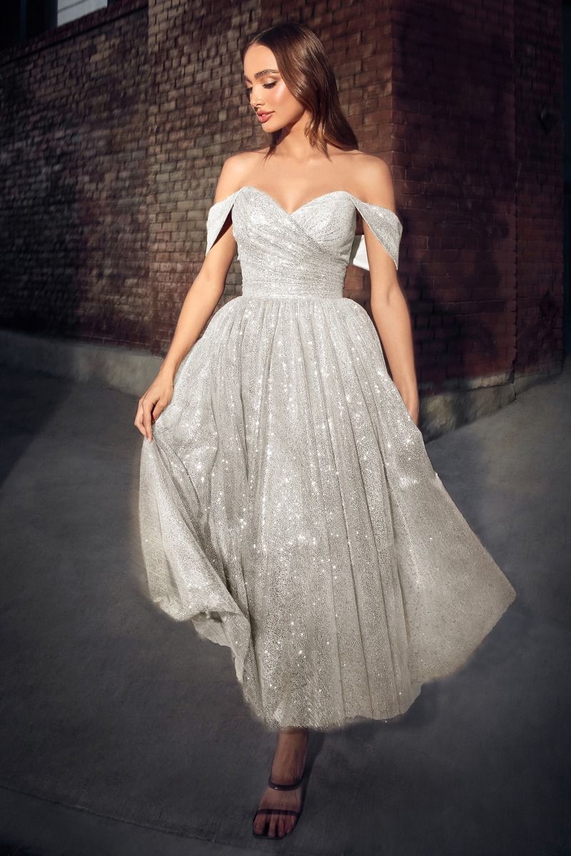 Off The Shoulder Glitter Tea Length Dress