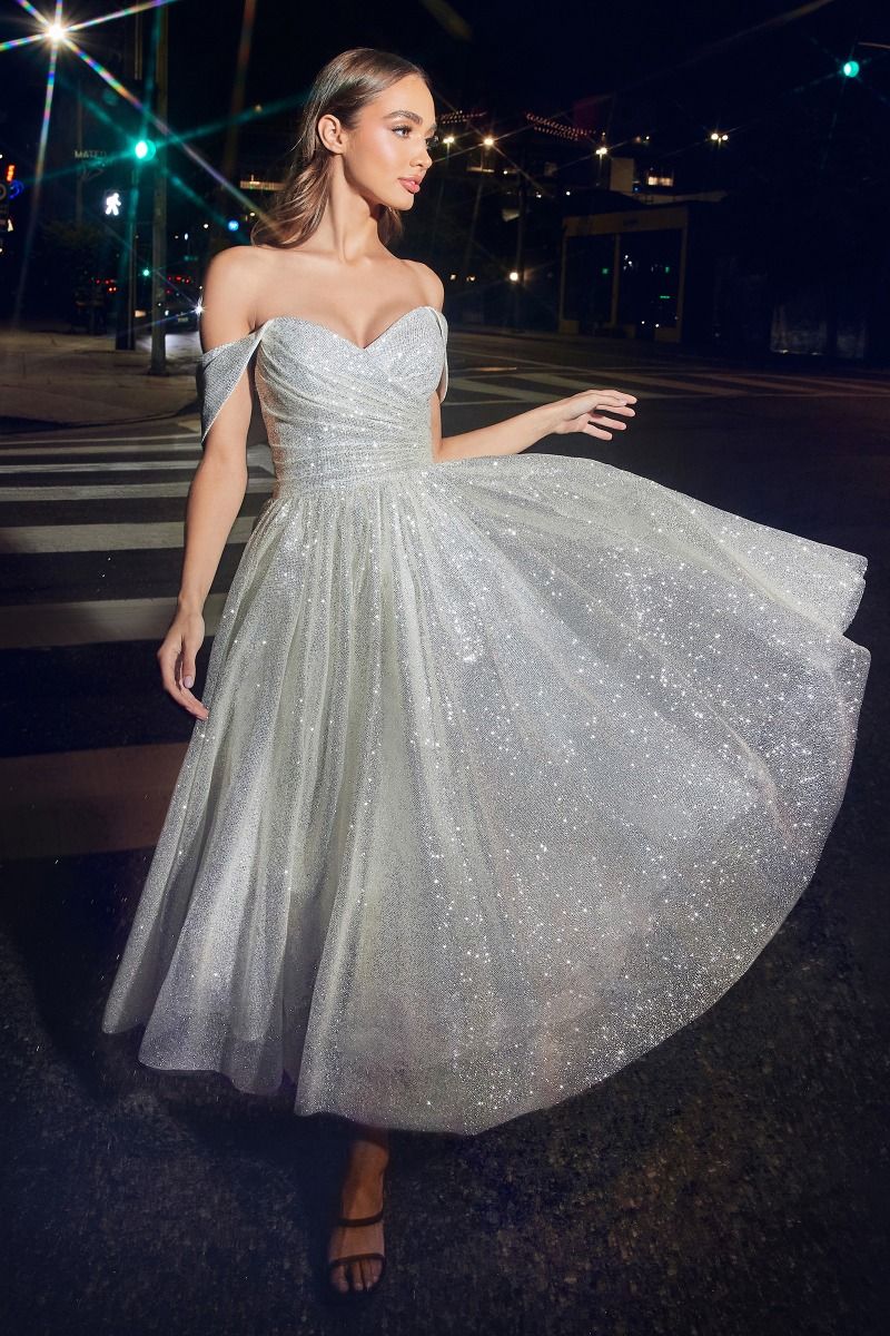 Off The Shoulder Glitter Tea Length Dress