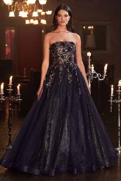 Strapless Glitter Layered Tulle Ball Gown