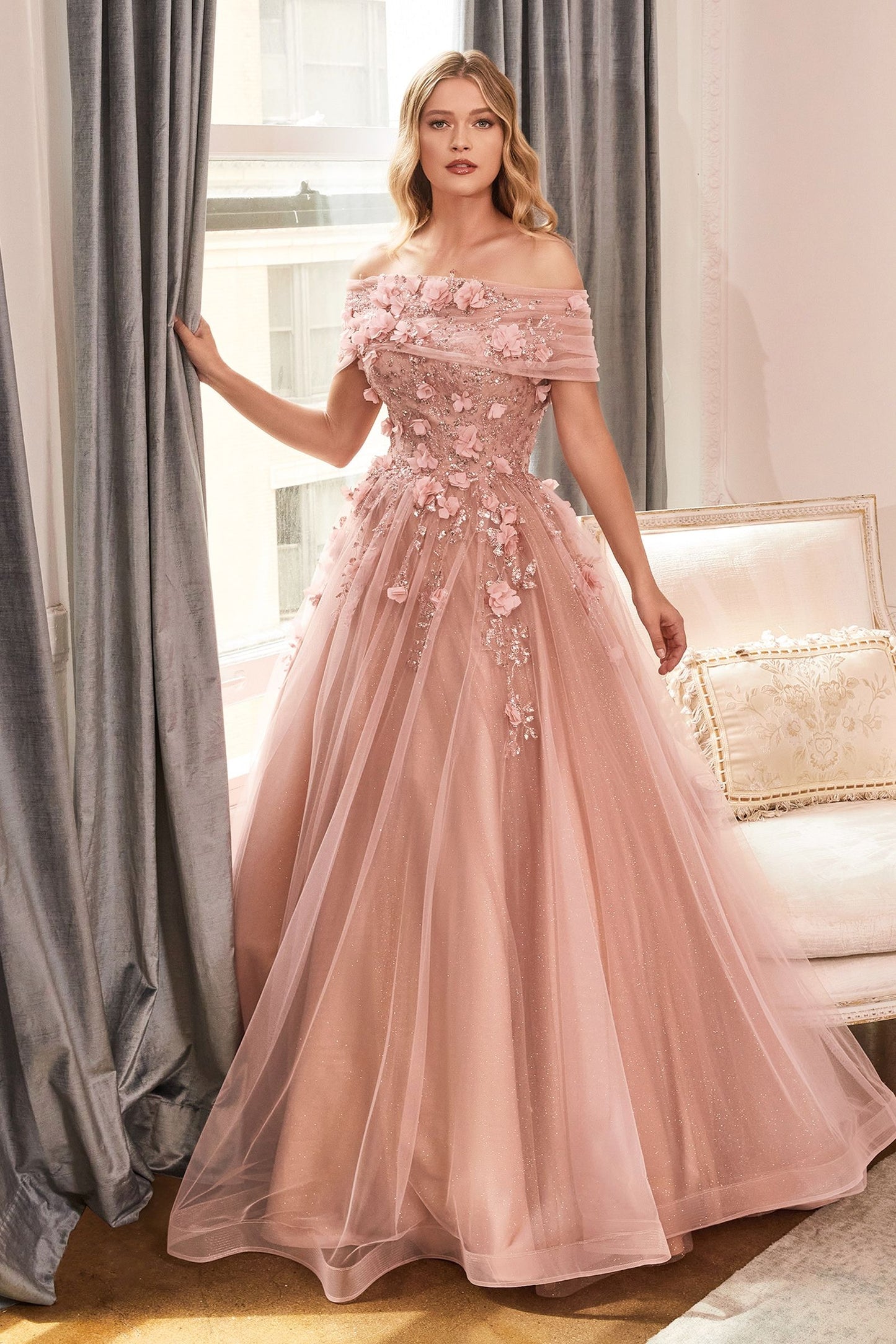 Strapless Glitter Layered Tulle Ball Gown