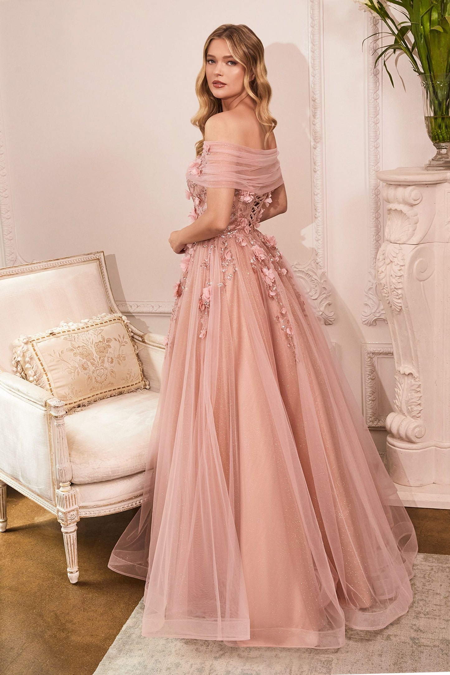 Strapless Glitter Layered Tulle Ball Gown