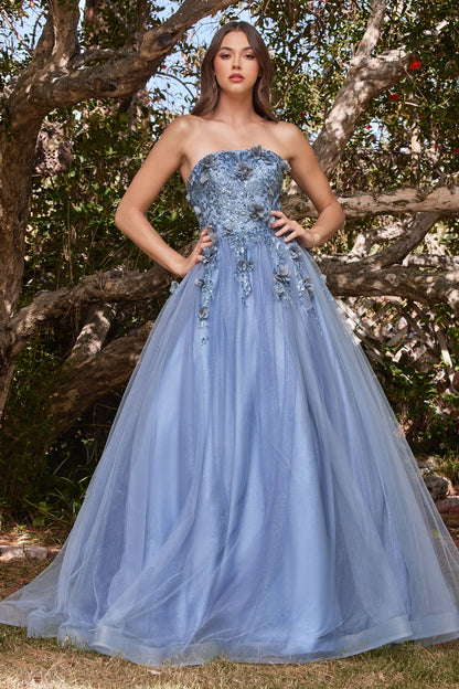 Strapless Glitter Layered Tulle Ball Gown