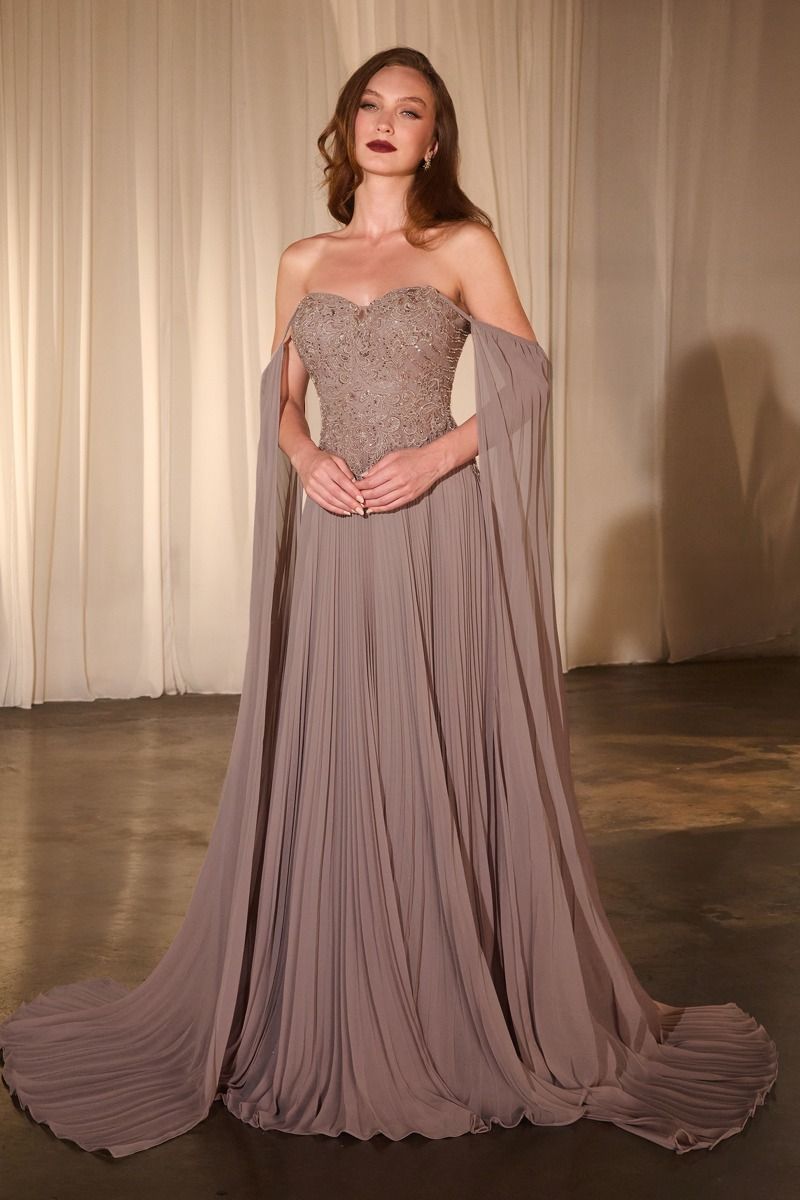 Pleated A-Line Gown With Cape Sleeves