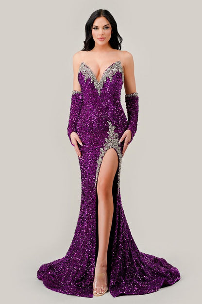 Strapless Sequin Gown With Matching Gloves