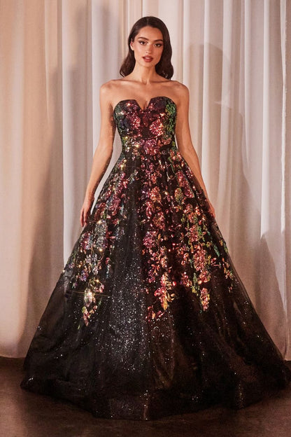 Strapless Floral Appliqued Black Ball Gown