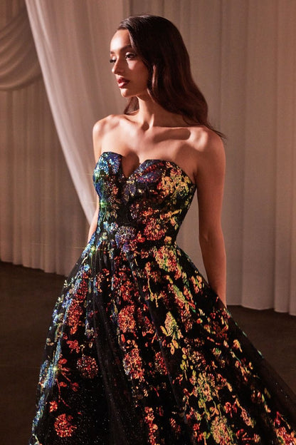 Strapless Floral Appliqued Black Ball Gown