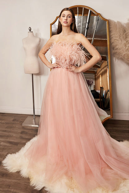 Strapless Feather Ball Gown